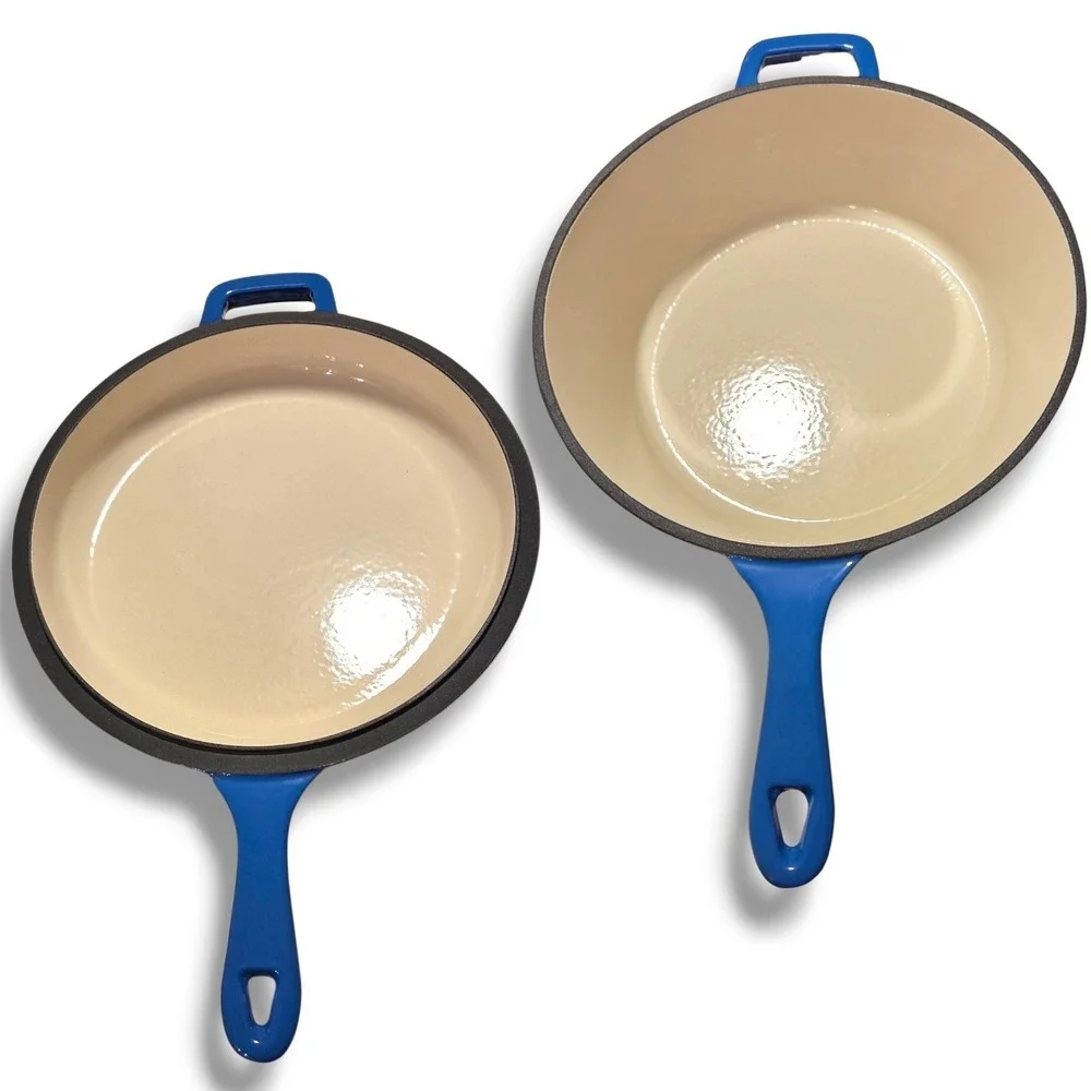 Blue Enameled Cast Iron Skillet Set 2 Piece Deep Pan and‎ Shallow Lid Skillet